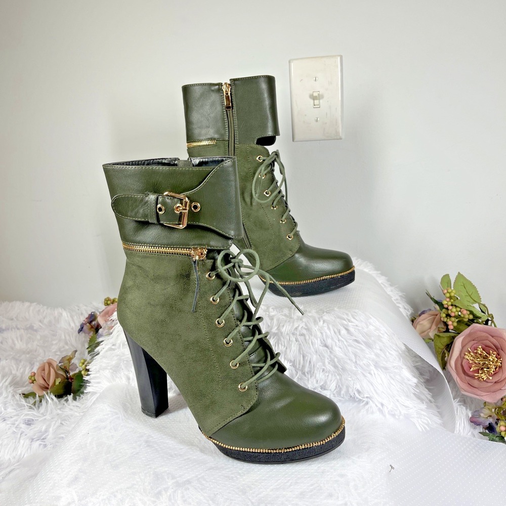 Stalina Womens 11 Olive Green Lace Up Ankle Boots High Heel Buckle Zip Grunge
